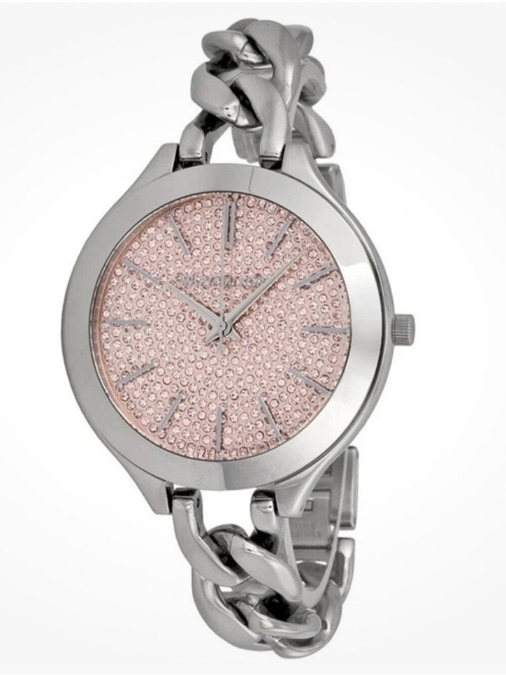 Michael Kors Runway Silver Tone Pink Crystals Pave Dial Chain Watch MK3357
